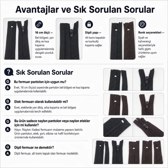 Naylon Pantolon ve Etek Fermuarı 16 cm T5 Dipli, siyah renk seçeneği ile pratik ve şık kapama çözümü
