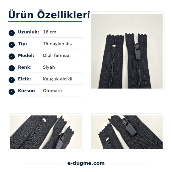 Naylon Cep Fermuarı Kaucuk Elcikli 16 cm T5 Dipli