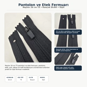 Pantolon ve Etek Fermuarı Naylon 16 cm T5 Kauçuk Elcikli Dipli ENC0016T5KE