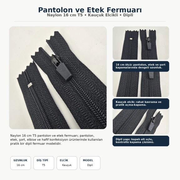 Nylon trousers and skirt zipper 16 cm / 6.30 in N3 with rubber puller for trousers, skirts, shorts, and dresses