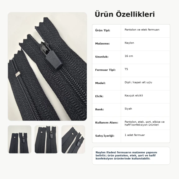 Nylon trousers and skirt zipper 16 cm / 6.30 in N3 with rubber puller for trousers, skirts, shorts, and dresses