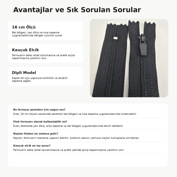 Nylon trousers and skirt zipper 16 cm / 6.30 in N3 with rubber puller for trousers, skirts, shorts, and dresses