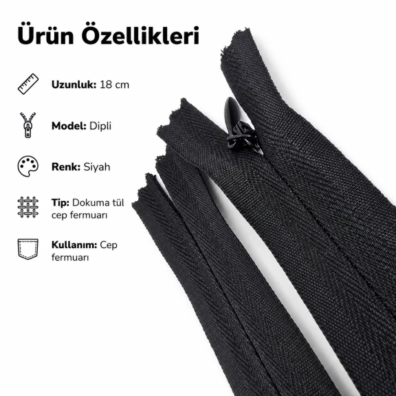Dokuma Tül Cep Fermuar 18 cm Dipli