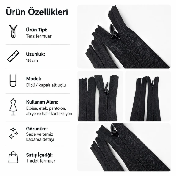 18 cm / 7.09 in Reverse Dress and Skirt Zipper Closed End for seamless garment designs