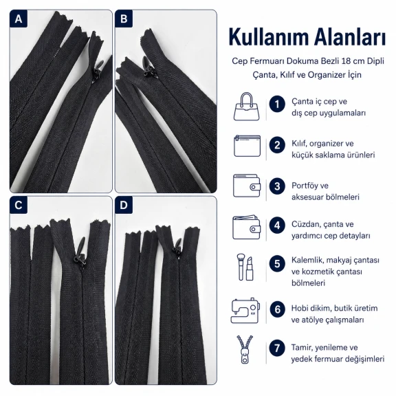 Cep Fermuarı Dokuma Bezli 18 cm Çanta, Kılıf ve Organizer İçin Dipli ENC0018DTUL