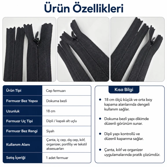 Cep Fermuarı Dokuma Bezli 18 cm Çanta, Kılıf ve Organizer İçin Dipli ENC0018DTUL