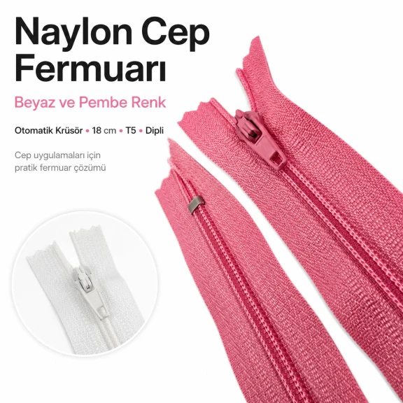 Naylon cep fermuarı 18 cm T5 dipli, çanta ve tekstil projeleri için dayanıklı ve pratik kullanım