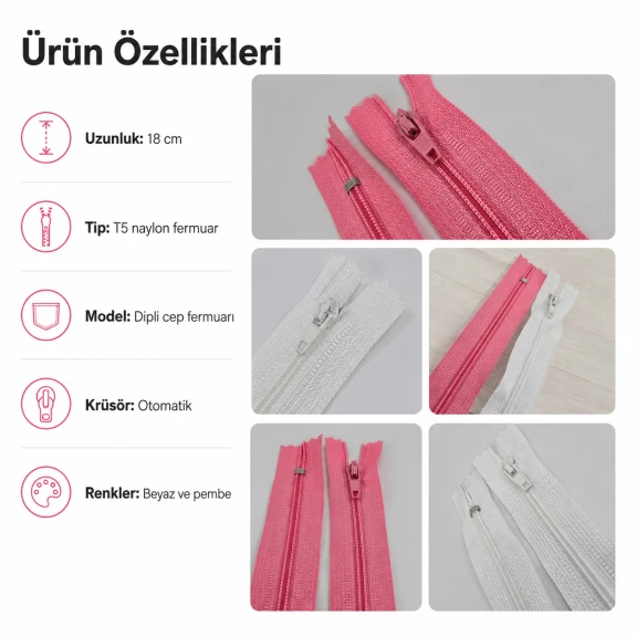 Naylon cep fermuarı 18 cm T5 dipli, çanta ve tekstil projeleri için dayanıklı ve pratik kullanım