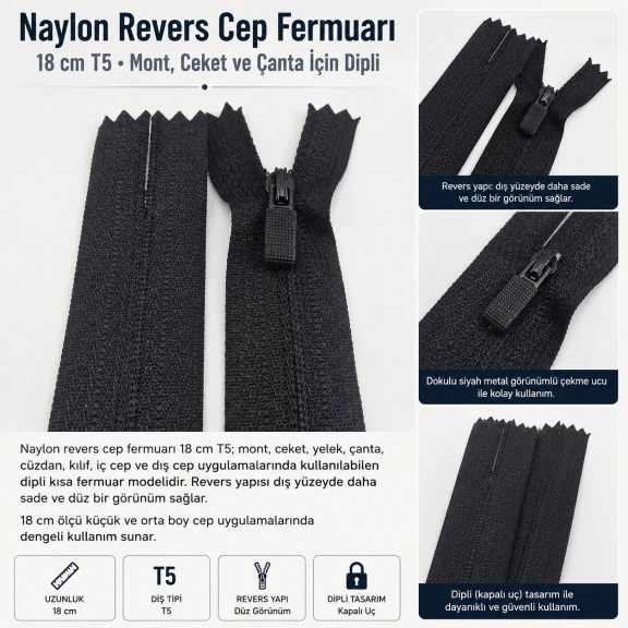 Nylon Reverse Pocket Zipper 18 cm / 7.09 in N3 for Jackets, Coats and Bags Closed End