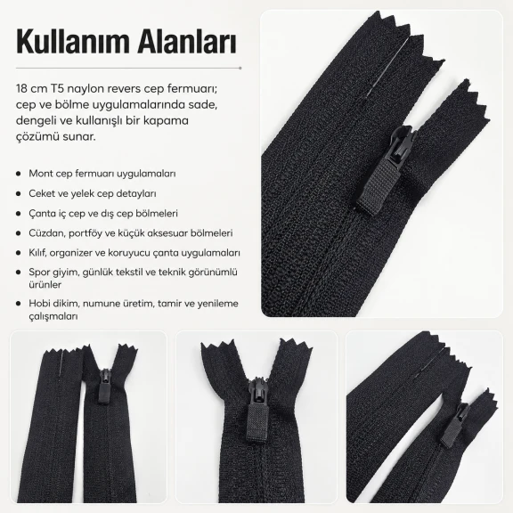 Nylon Reverse Pocket Zipper 18 cm / 7.09 in N3 for Jackets, Coats and Bags Closed End