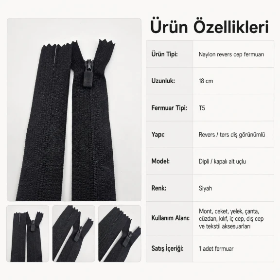 Nylon Reverse Pocket Zipper 18 cm / 7.09 in N3 for Jackets, Coats and Bags Closed End
