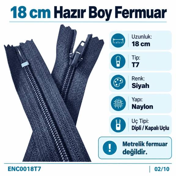 Cep Fermuarı Naylon 18 cm T7 Siyah Dipli - ENC0018T7, dayanıklı naylon malzemeden üretilmiş, 18 cm uzunluğunda, siyah dipli