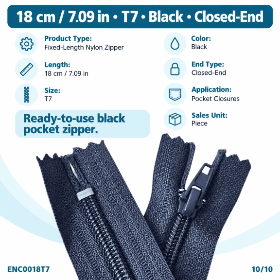 Cep Fermuarı Naylon 18 cm T7 Siyah Dipli - ENC0018T7, dayanıklı naylon malzemeden üretilmiş, 18 cm uzunluğunda, siyah dipli