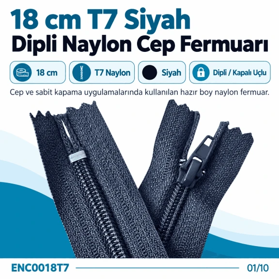 Cep Fermuarı Naylon 18 cm T7 Siyah Dipli - ENC0018T7, dayanıklı naylon malzemeden üretilmiş, 18 cm uzunluğunda, siyah dipli
