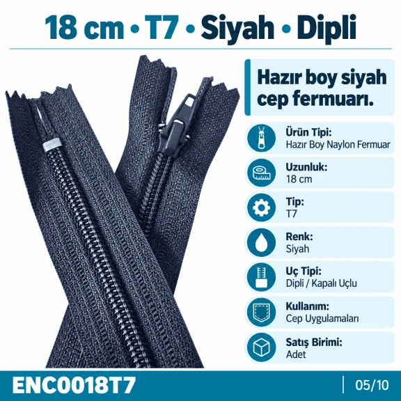 Cep Fermuarı Naylon 18 cm T7 Siyah Dipli - ENC0018T7, dayanıklı naylon malzemeden üretilmiş, 18 cm uzunluğunda, siyah dipli