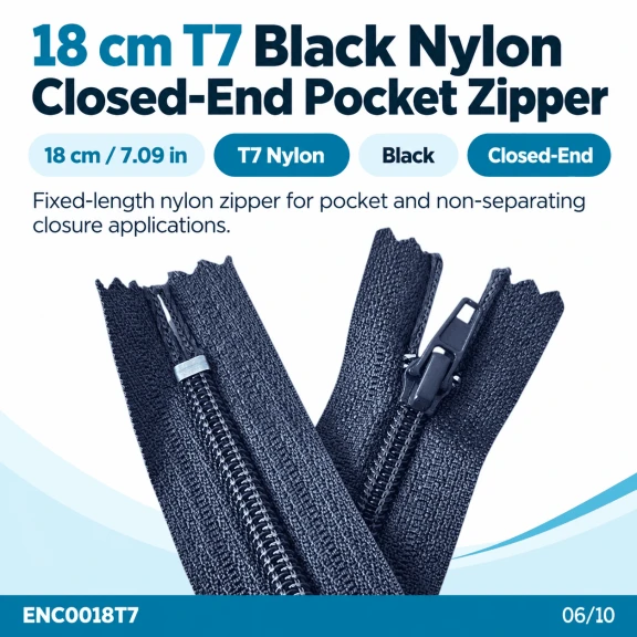 Cep Fermuarı Naylon 18 cm T7 Siyah Dipli - ENC0018T7, dayanıklı naylon malzemeden üretilmiş, 18 cm uzunluğunda, siyah dipli