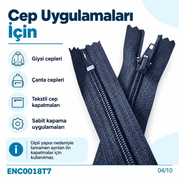 Cep Fermuarı Naylon 18 cm T7 Siyah Dipli - ENC0018T7, dayanıklı naylon malzemeden üretilmiş, 18 cm uzunluğunda, siyah dipli