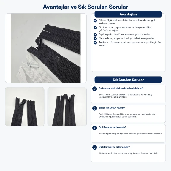 Etek ve Elbise Fermuarı Gizli Fermuar 35 cm Dipli, sade kapama görünümü ile özel dikim giyim ürünlerinde kullanıma uygun