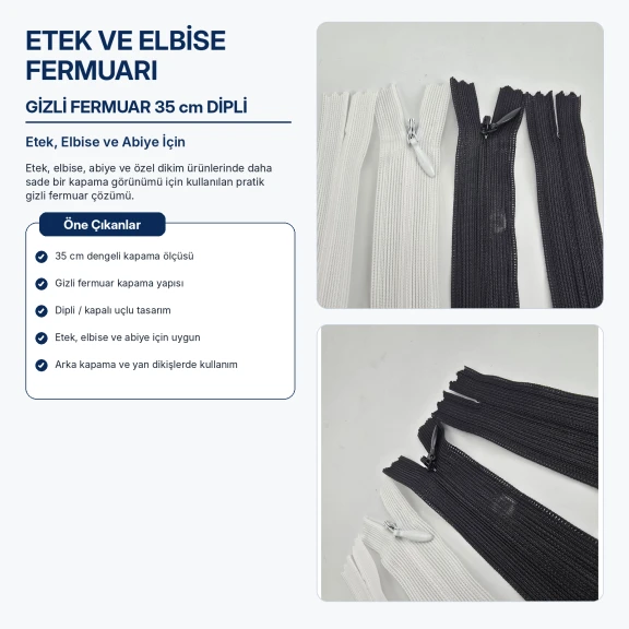 Etek ve Elbise Fermuarı Gizli Fermuar 35 cm Dipli, sade kapama görünümü ile özel dikim giyim ürünlerinde kullanıma uygun