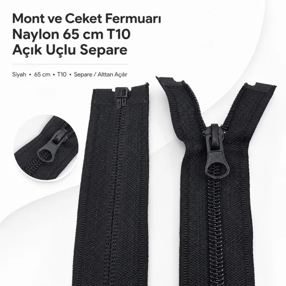 Mont ve Ceket Fermuarı Naylon 65 cm T10 Açık Uçlu Separe ENC0065T10