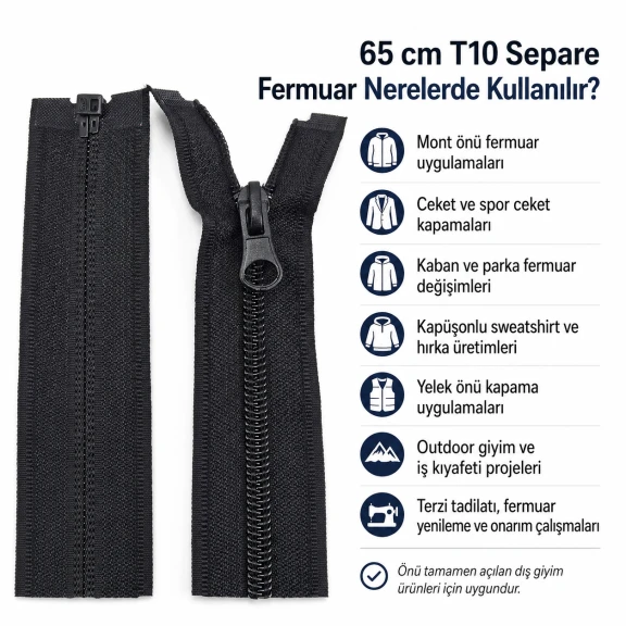 Mont ve Ceket Fermuarı Naylon 65 cm T10 Açık Uçlu Separe ENC0065T10