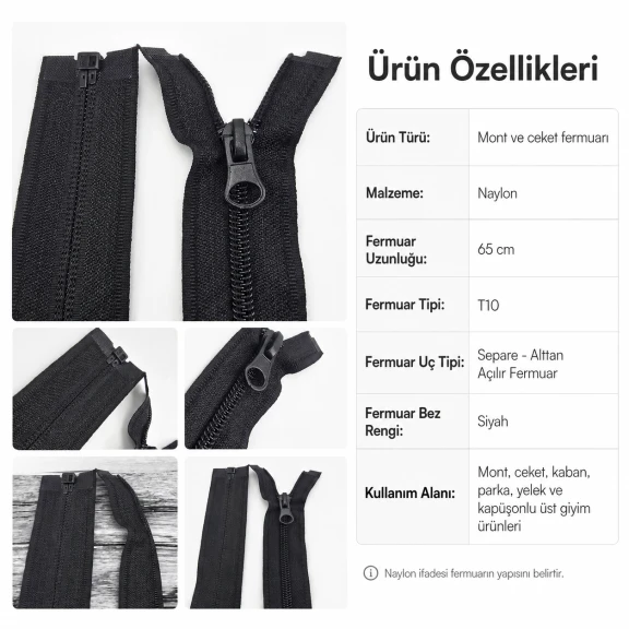 Mont ve Ceket Fermuarı Naylon 65 cm T10 Açık Uçlu Separe ENC0065T10