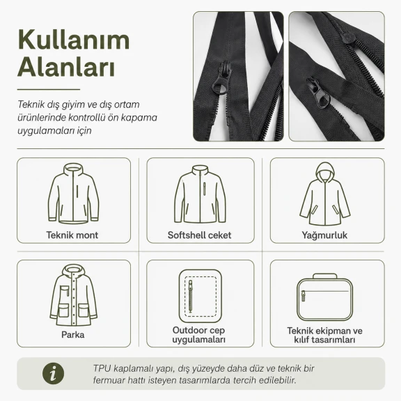 67 cm Tip 10 TPU Kaplamalı Suya Dayanıklı Mont Fermuarı Açık Uçlu Separé ENC0067SG