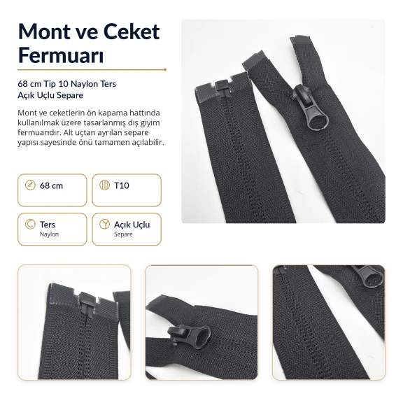 68 cm / 26.77 in N5 Reverse Nylon Coil Separating Jacket Zipper in Black, ideal for jackets, coats, parkas, and hoodies