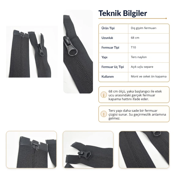 68 cm / 26.77 in N5 Reverse Nylon Coil Separating Jacket Zipper in Black, ideal for jackets, coats, parkas, and hoodies