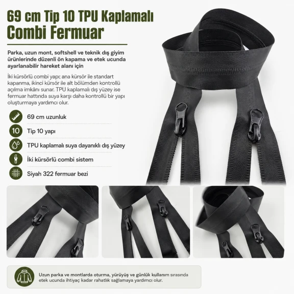 69 cm Tip 10 TPU Kaplamalı Suya Dayanıklı Combi Fermuar ENC0069SG, mont ve dış giyim için ideal koruma sağlayan modern