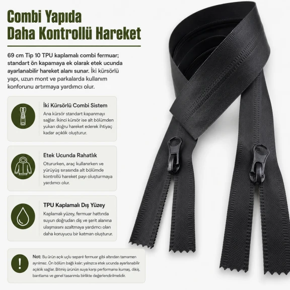 69 cm Tip 10 TPU Kaplamalı Suya Dayanıklı Combi Fermuar ENC0069SG, mont ve dış giyim için ideal koruma sağlayan modern