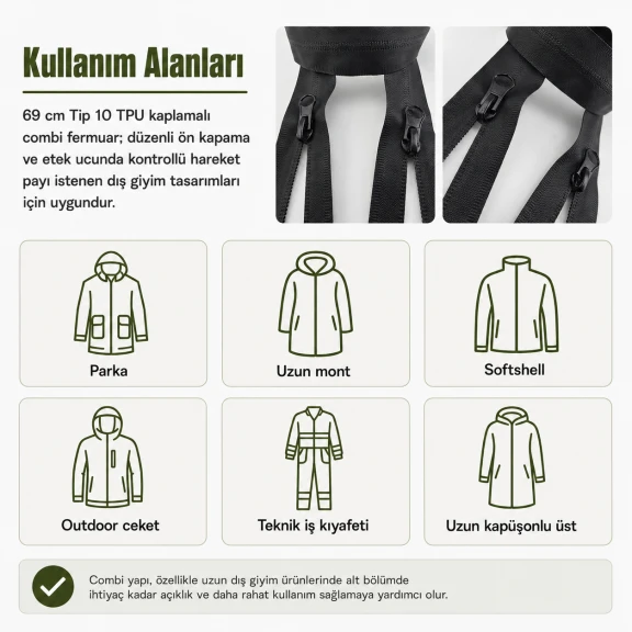 69 cm Tip 10 TPU Kaplamalı Suya Dayanıklı Combi Fermuar ENC0069SG, mont ve dış giyim için ideal koruma sağlayan modern
