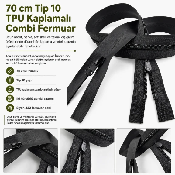 70 cm Tip 10 TPU Kaplamalı Suya Dayanıklı Combi Fermuar ENC0070SG, parka ve uzun montlar için ideal kapama çözümü