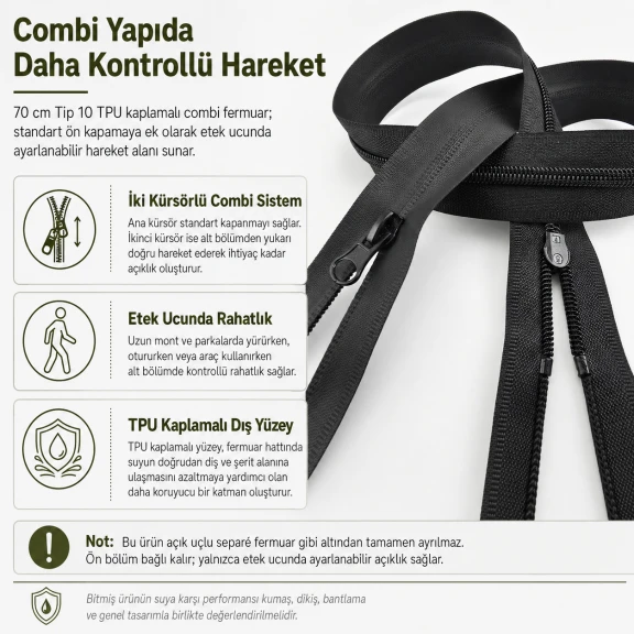 70 cm Tip 10 TPU Kaplamalı Suya Dayanıklı Combi Fermuar ENC0070SG, parka ve uzun montlar için ideal kapama çözümü
