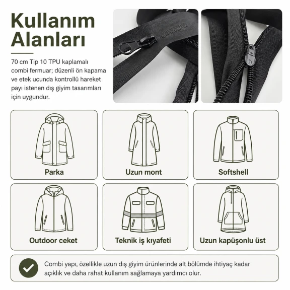 70 cm Tip 10 TPU Kaplamalı Suya Dayanıklı Combi Fermuar ENC0070SG, parka ve uzun montlar için ideal kapama çözümü