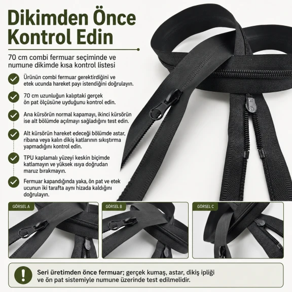 70 cm Tip 10 TPU Kaplamalı Suya Dayanıklı Combi Fermuar ENC0070SG, parka ve uzun montlar için ideal kapama çözümü