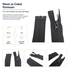 70 cm T10 Naylon Ters Mont ve Ceket Fermuarı – Açık Uçlu Separe Siyah 322 ENC0070T10