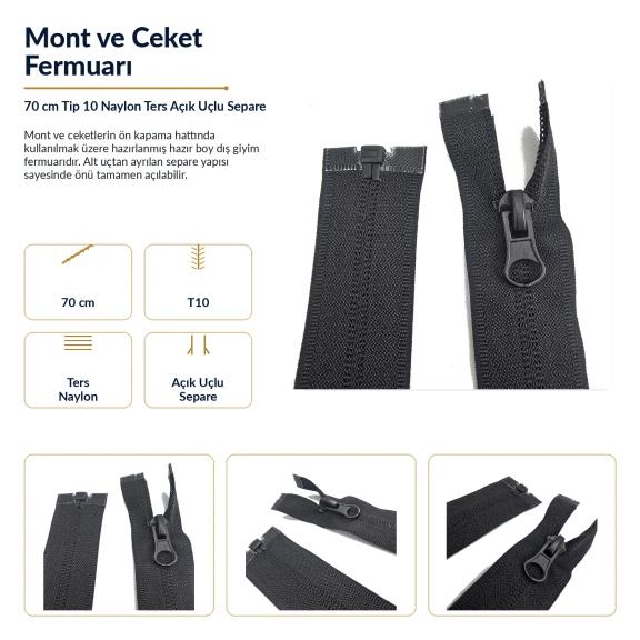 70 cm N5 Reverse Nylon Coil Separating Jacket Zipper in Black, ideal for jackets, coats, and outerwear