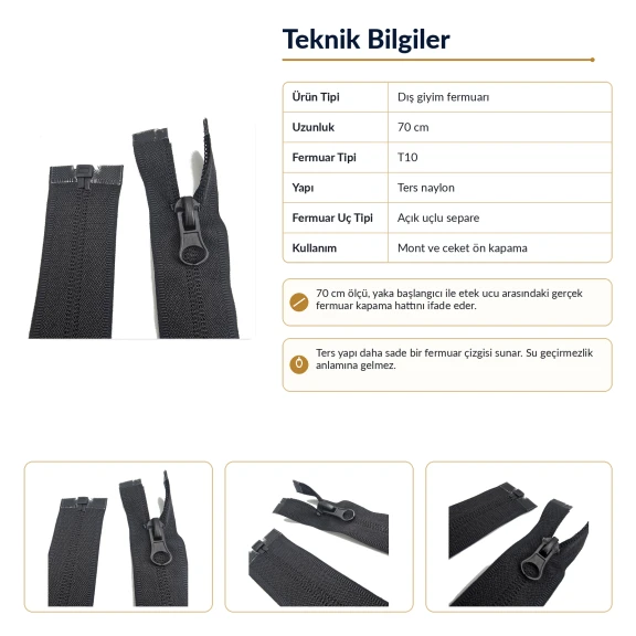 70 cm N5 Reverse Nylon Coil Separating Jacket Zipper in Black, ideal for jackets, coats, and outerwear
