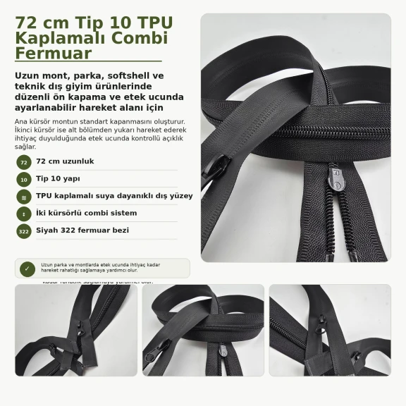 72 cm Tip 10 TPU kaplamalı suya dayanıklı combi fermuar, uzun mont ve dış giyim için ideal