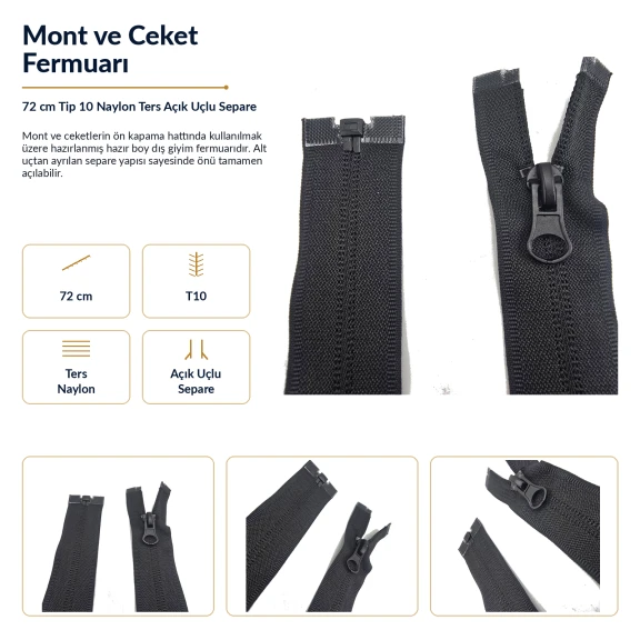 72 cm / 28.35 in N5 Reverse Nylon Coil Separating Jacket Zipper in Black for jackets, coats, and outerwear