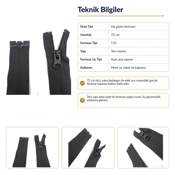 72 cm / 28.35 in N5 Reverse Nylon Coil Separating Jacket Zipper in Black for jackets, coats, and outerwear