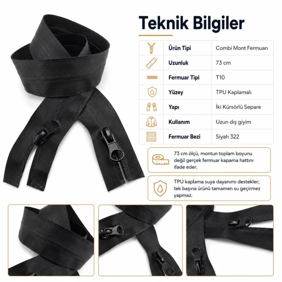 73 cm / 28.74 in N5 TPU-Coated Water-Resistant Two-Way Separating Zipper for Parkas and Outdoor Jackets