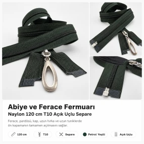 Abiye ve Ferace Fermuarı Naylon 120 cm T10 Açık Uçlu Separe Petrol Yeşili EPR00120T10