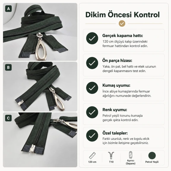 Abiye ve Ferace Fermuarı Naylon 120 cm T10 Açık Uçlu Separe Petrol Yeşili
