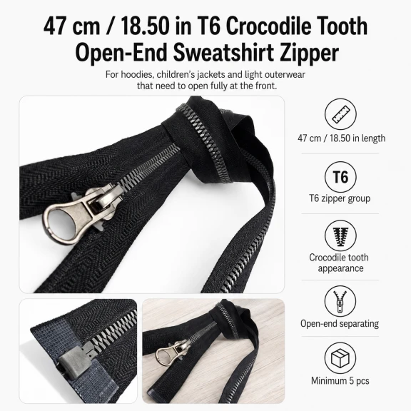 47 cm T6 Kemik Timsah Diş Sweat Fermuarı Açık Uçlu Separé EPR0047T6TMS, çocuk montu ve kısa hırka gibi hafif dış giyim