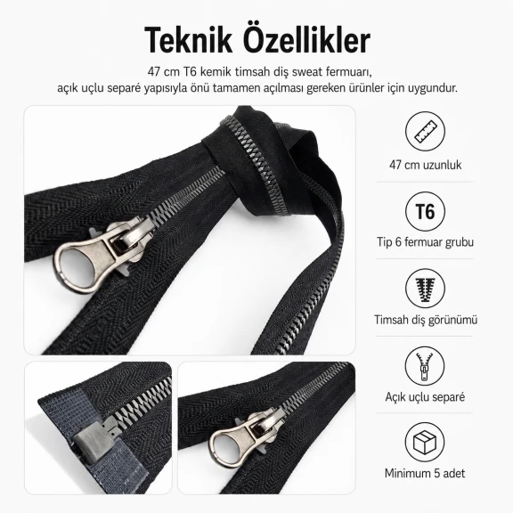 47 cm T6 Kemik Timsah Diş Sweat Fermuarı Açık Uçlu Separé EPR0047T6TMS, çocuk montu ve kısa hırka gibi hafif dış giyim