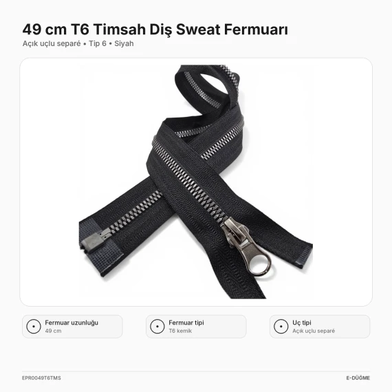 49 cm T6 Kemik Timsah Diş Sweat Fermuarı Açık Uçlu Separé EPR0049T6TMS