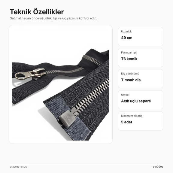 49 cm T6 Kemik Timsah Diş Sweat Fermuarı Açık Uçlu Separé EPR0049T6TMS, sweatshirt ve hafif dış giyim ürünleri için ideal
