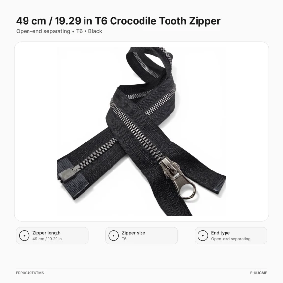 49 cm T6 Kemik Timsah Diş Sweat Fermuarı Açık Uçlu Separé EPR0049T6TMS, sweatshirt ve hafif dış giyim ürünleri için ideal